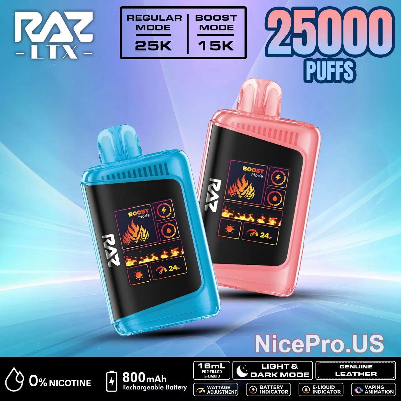 RAZ Zero Nicotine Vape LTX 25000 (DC25000) Disposable Vape - 0% Nicotine Free - 2,5000 Puffs Raz Vape Flavors - NICEPRO.US